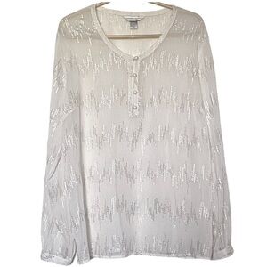 Christmas Gift Glam Satin Blouse Ivory Silver Long Sleeve Button Front  Collar M